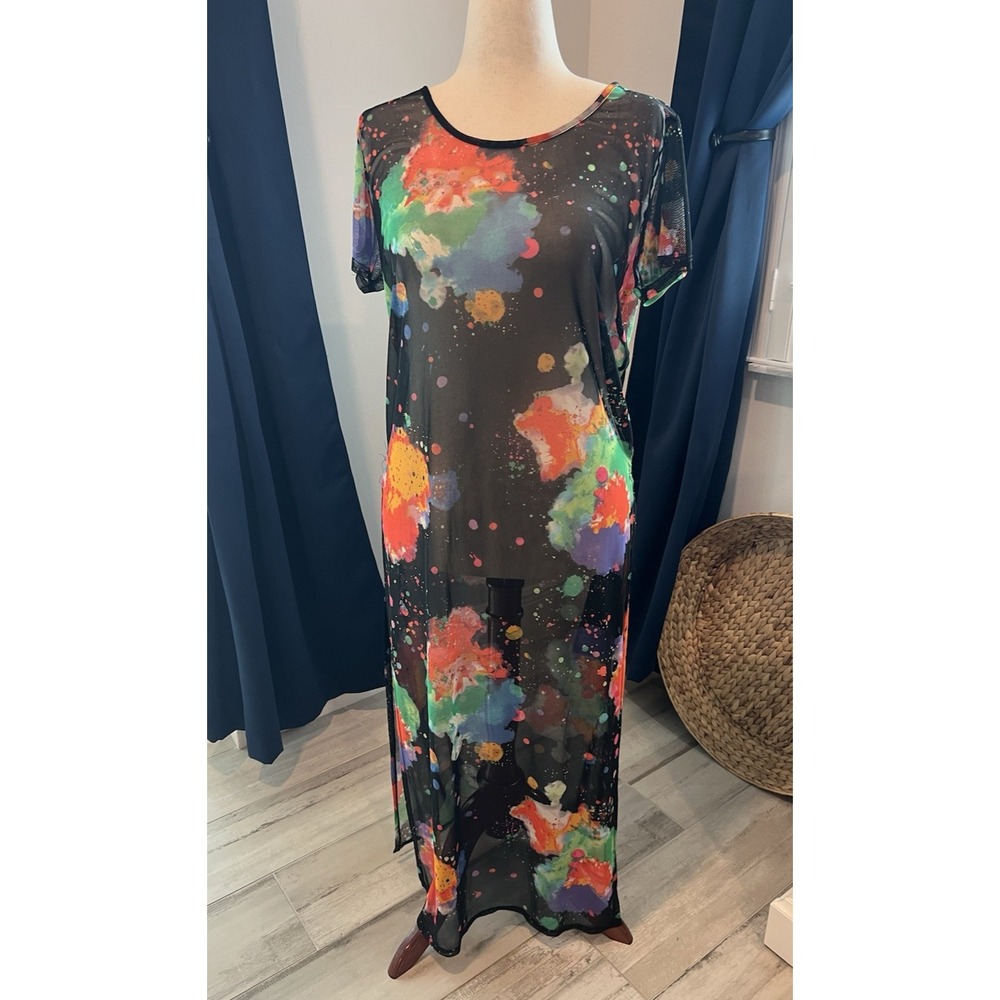 Love J 1X, Sheer Mesh Paint Splatter Maxi Dress Side Slits Cover Up Pool Beach